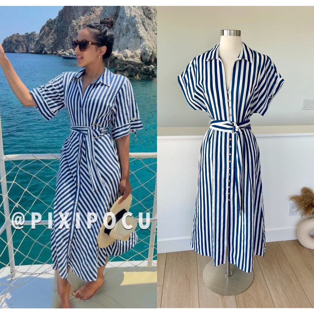 ZARA STRIPED LINEN BLEND BELTED MIDI DRESS BLUE / WHITE 8092/469